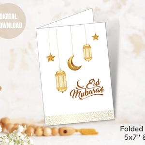 Carta stampabile Eid Mubarak, carta regalo di auguri islamica Eid, carta piegata digitale, regalo Eid, download istantaneo, A6 e 5x7''