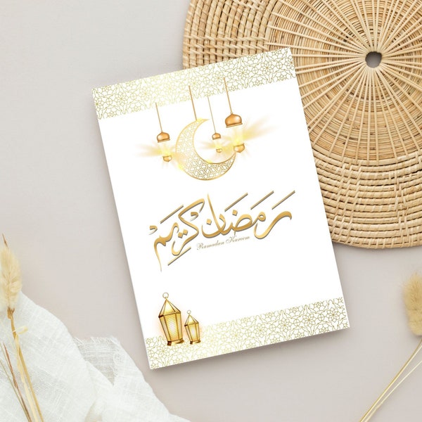 2 Ramadan Mubarak Cards in printable Arabic calligraphy, Islamic greeting card, A6 family friend card, PDF instant download