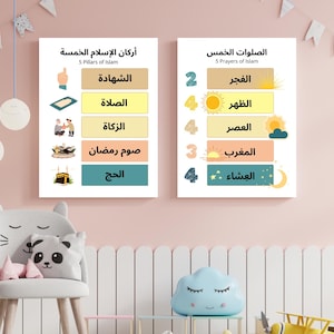 May include: Two educational posters with Arabic text and English translations. One poster lists the 5 Pillars of Islam, the other lists the 5 Prayers of Islam. The posters have colorful backgrounds and illustrations.