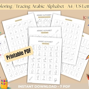 Peut inclure: Feuilles de travail d'alphabet arabe imprimables pour le traçage et la coloration. Sept pages PDF en noir et blanc avec l'alphabet arabe, y compris les lettres et leurs noms. Le titre du document est "Coloring/Tracing Arabic Alphabet - A4/US Letter".