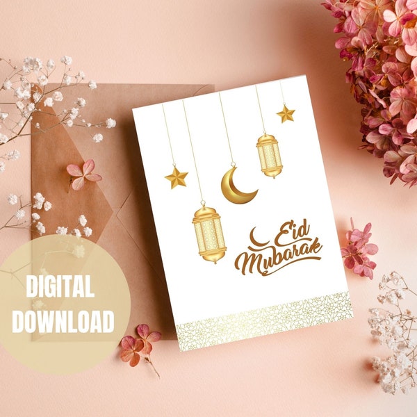 Printable Eid Mubarak card, Islamic Eid greetings gift card, A6 digital card, Eid gift postcard, PDF instant download