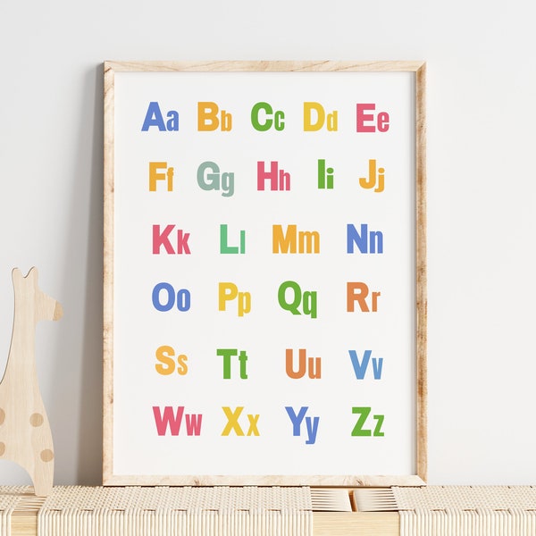 Affiche alphabet pour chambre d'enfant ou salle de jeux, Abc coloré majuscule minuscule, impression éducative, PDF téléchargement instantané