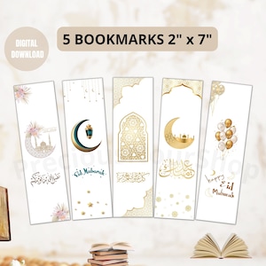 5 marcadores de Eid Mubarak para imprimir, 5 marcadores de Eid Mubarak, marcador de regalo de Eid, 2x7 en PDF A4 Us carta descarga instantánea
