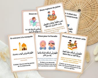 Tarjetas de súplica imprimibles en árabe/francés para niños, súplica diaria islámica, tarjeta islámica, tarjeta de súplica diaria colorida