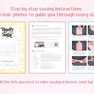 Puede incluir: Un patr&oacute;n de costura para un cambiador con instrucciones paso a paso y fotos claras. La imagen incluye el texto "Honey & Sugar" y "Changing Mat". Tambi&eacute;n est&aacute; presente el texto "Step-by-step sewing instructions with clear photos to guide you through every stitch".