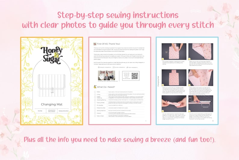 Puede incluir: Un patr&oacute;n de costura para un cambiador con instrucciones paso a paso y fotos claras. La imagen incluye el texto "Honey & Sugar" y "Changing Mat". Tambi&eacute;n est&aacute; presente el texto "Step-by-step sewing instructions with clear photos to guide you through every stitch".