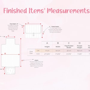 Puede incluir: Diagrama que muestra las medidas de un cambiador y una bolsa peque&ntilde;a. El texto "Medidas de los art&iacute;culos terminados" est&aacute; en la parte superior. Las medidas est&aacute;n en cm, incluyendo altura, ancho y dimensiones de la solapa.