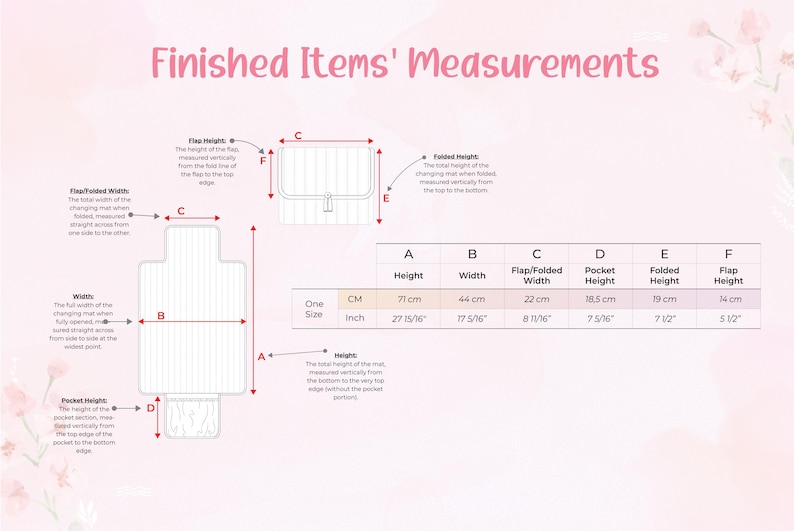 Puede incluir: Diagrama que muestra las medidas de un cambiador y una bolsa peque&ntilde;a. El texto "Medidas de los art&iacute;culos terminados" est&aacute; en la parte superior. Las medidas est&aacute;n en cm, incluyendo altura, ancho y dimensiones de la solapa.