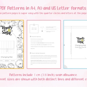 Puede incluir: Patrones PDF para un cambiador en formatos A4, AO y US Letter. La imagen muestra tres p&aacute;ginas con instrucciones y diagramas. Los patrones incluyen un margen de costura de 1 cm. El texto "Honey Sugar" est&aacute; en las p&aacute;ginas.