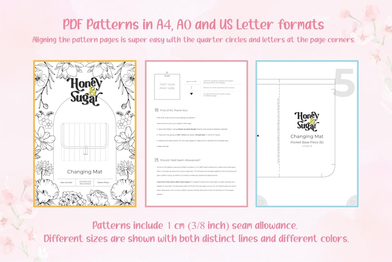Puede incluir: Patrones PDF para un cambiador en formatos A4, AO y US Letter. La imagen muestra tres p&aacute;ginas con instrucciones y diagramas. Los patrones incluyen un margen de costura de 1 cm. El texto "Honey Sugar" est&aacute; en las p&aacute;ginas.