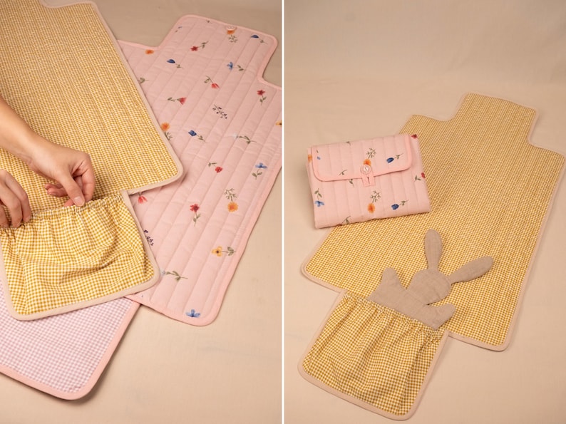 Puede incluir: Un conjunto de cambiadores y accesorios para beb&eacute;s. Los cambiadores presentan estampados de cuadros vichy rosas y amarillos, con detalles florales y de conejos. Incluye un cambiador, una funda y una peque&ntilde;a bolsa.