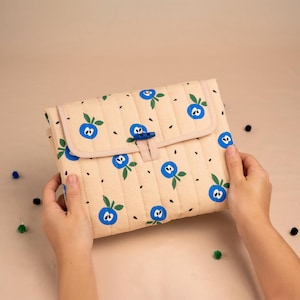 Puede incluir: Un bolso de mano acolchado beige con un estampado repetido de ar&aacute;ndanos azules y hojas verdes. El bolso tiene un cierre de solapa con un bot&oacute;n azul. El fondo es de color beige liso.