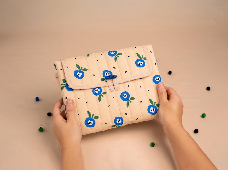 Puede incluir: Un bolso de mano acolchado beige con un estampado repetido de ar&aacute;ndanos azules y hojas verdes. El bolso tiene un cierre de solapa con un bot&oacute;n azul. El fondo es de color beige liso.