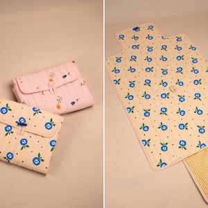 Puede incluir: Colecci&oacute;n de art&iacute;culos de tela acolchada, que incluye dos estuches peque&ntilde;os y una alfombra m&aacute;s grande. Los estuches presentan un fondo crema con estampados florales azules y cierres de bot&oacute;n. La alfombra tiene un dise&ntilde;o similar, con una secci&oacute;n a cuadros amarillos.