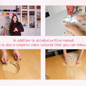 Puede incluir: Imagen que muestra pasos de costura: una mujer frente a un estante de suministros de costura, tela cosida, una pieza de tela fruncida y piezas de tela extendidas. Texto: "Adem&aacute;s del manual escrito detallado, tambi&eacute;n hay un tutorial en video completo."