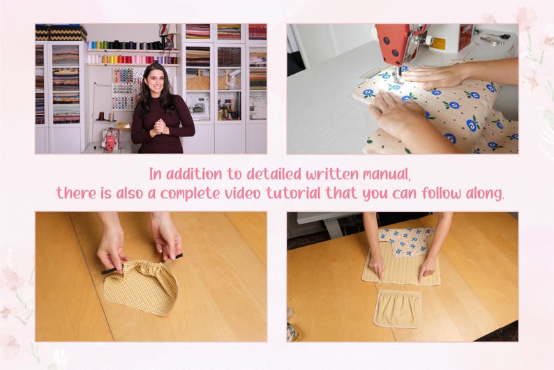 Puede incluir: Imagen que muestra pasos de costura: una mujer frente a un estante de suministros de costura, tela cosida, una pieza de tela fruncida y piezas de tela extendidas. Texto: "Adem&aacute;s del manual escrito detallado, tambi&eacute;n hay un tutorial en video completo."