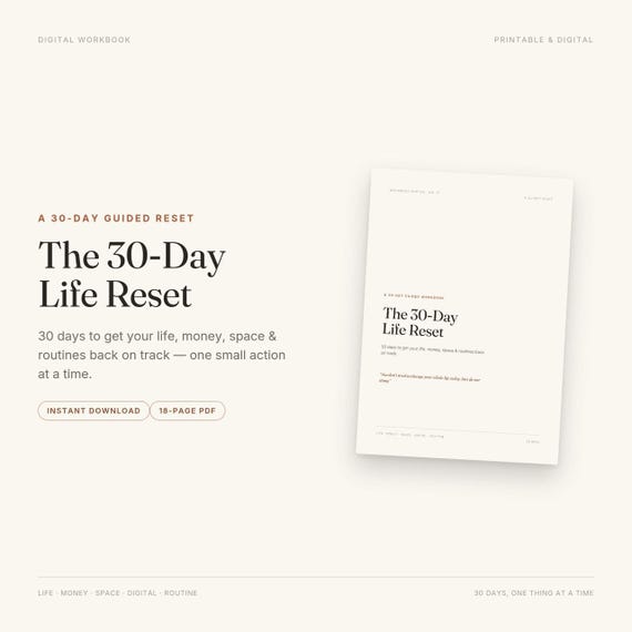 30-Day Life Reset Planner | Digital Self-Care & Productivity Workbook (PDF)