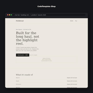 May include: A digital landing page template titled Fieldstead featuring a beige background, black text, and a browser-style header. The layout includes a product headline, a placeholder for a product photo, and a section titled What it's made of.