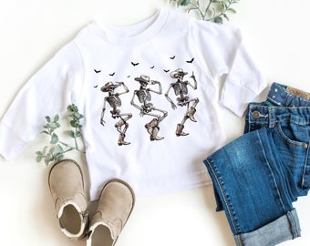 Cowboy Skeletons Halloween Kids Sweatshirt, Funny Children's Halloween Sweater, Dancing Western Skeleton Halloween Top, fall kids sweatshirt