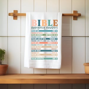 Bijbel noodnummers theedoek, christelijke keuken Home decor, geloof inspirerende geschenk, religieuze keukenhanddoek, God, Jezus gelovige geschenk