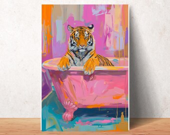 May include: A tiger sits in a pink bathtub with a colorful abstract background. The tiger is looking directly at the viewer with a serious expression.