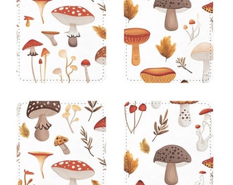 Mushrooms Coasters Pack of Four, Cottagecore Coasters, Gift For Mushroom Lover, Magical Mushrooms Home Decor, Foragers Gift For Her Him,