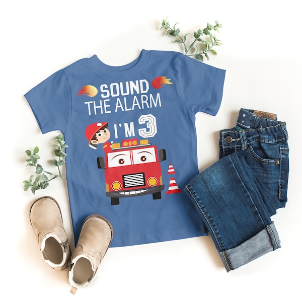 T-shirt enfant 3e anniversaire camion de pompier, t-shirt troisième anniversaire camion de pompier, cadeau pour un anniversaire de trois ans, haut d'anniversaire pour enfant, j'ai trois ans