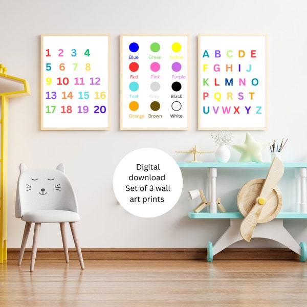 Educational wall art for toddlers, infants, kids bedroom, playroom or nursery. Printable wall art - set of 3 prints, boy and girl wall art