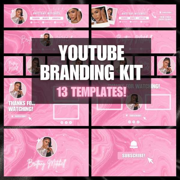 TRENDY GLAM Pink Marble YouTube Branding Kit | Editable YouTube Channel Template | Logo, Banner, Intro Outro Designs | YouTube Channel Theme