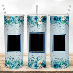Photo Frame Floral Blue Tumbler Wrap, Family Photo Tumbler Floral Glitter 20oz Skinny Sublimation Designs Template PNG Digital Download.