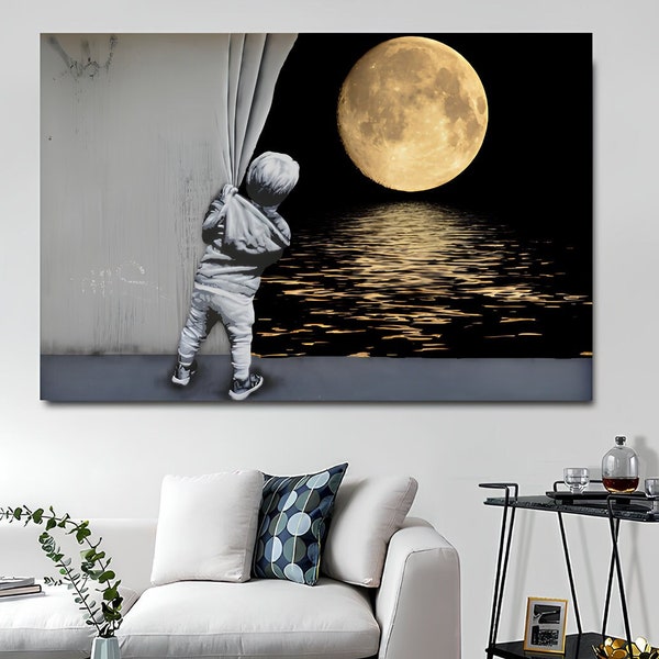 Banksy Behind the Curtain Wall Art, Banksy Full Moon Canvas Print, Banksy Curtain and Full Moon, Bansky Style Print, Street Graffiti Art