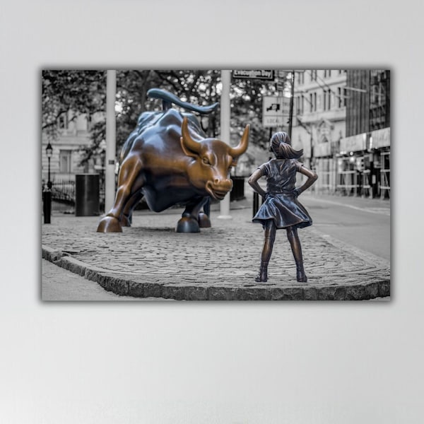 Fearless Girl and Bull Canvas Print, Bull Wall Art, Vintage Poster, New York Wall Decor, New York City Poster, Bull Bronze Statue Canvas Art