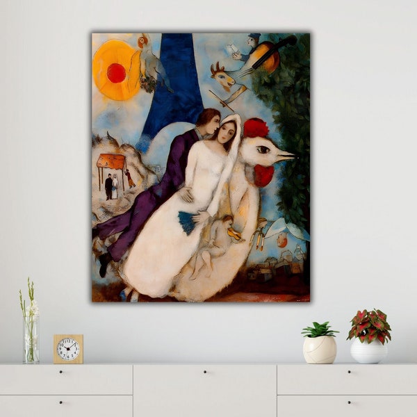 The Bride and Groom of the Eiffel Tower Wall Art, Marc CHAGALL Canvas Print, Marc CHAGALL wall art, Exhibition Poster, Surrealism Wall art
