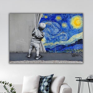 Banksy Van Gogh Wandkunst, Banksy Sternennacht Leinwanddruck, Sternennacht Straßenwandposter, Straßen Graffiti Wanddekoration, Bansky Stil Druck