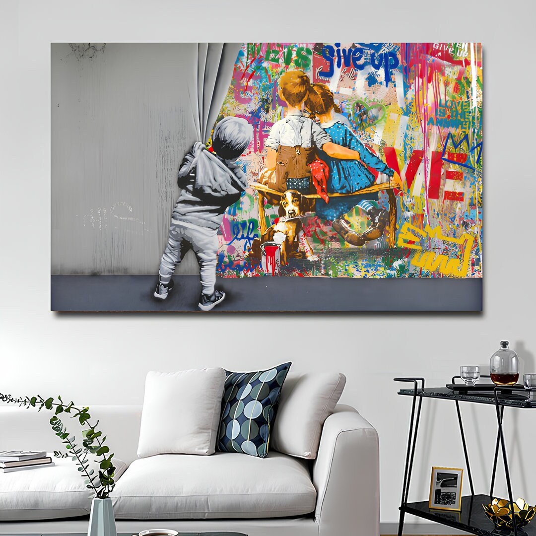 Banksy Behind the Curtain Wall Art, Banksy Love is All We Need Canvas Print, Banksy Wall Decor, Bansky Style Print, Street Graffiti Art