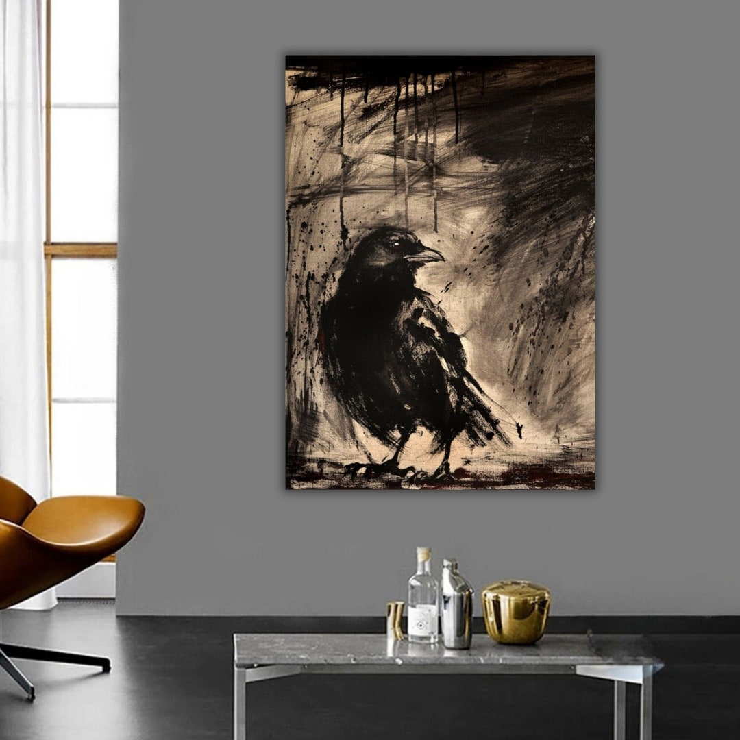 Raven Canvas Wall Art, Raven Painting Print, Crow Painting, Gothic Art, Raven Art Print, Dark