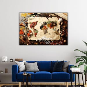 Wereldkaart kruiden kunst aan de muur, kruiden keuken kunst aan de muur, kruiden en specerijen canvasafdruk, keukenafdrukken, keukenkunstwerk, kleurrijke kruidenverven