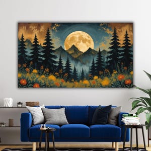 Arte murale della foresta stellata della notte di luna, stampa su tela del segno mistico di mezzanotte, arte murale del trittico della foresta di nebbia nebbiosa, stampa su tela del paesaggio della foresta