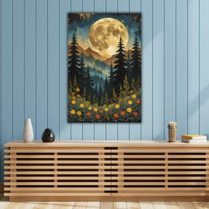 Arte murale della foresta stellata della notte di luna, stampa su tela del segno mistico di mezzanotte, arte murale del trittico della foresta di nebbia nebbiosa, stampa su tela del paesaggio della foresta