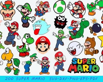 Super Mario SVG Bundle pour Cricut et sublimation, Clipart Mario, fichiers coupés Mario, Mario PNG, police Super Mario
