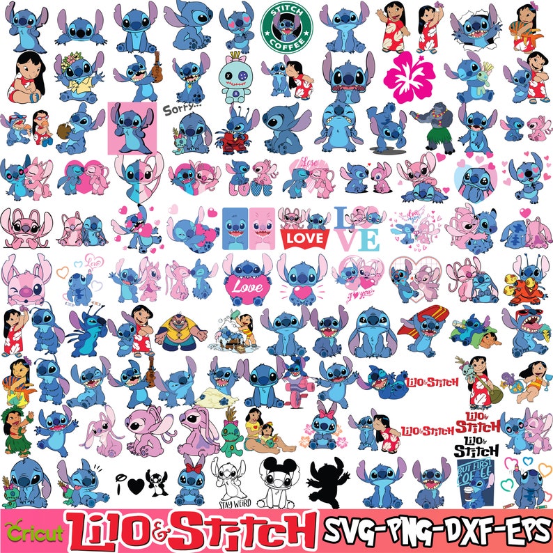 Plus de 440 fichiers groupés Lilo et Stitch Clipart, Cricut, silhouette, fichiers vectoriels coupés lilo et stitch clipart png Plus de 110 modèles uniques image 1