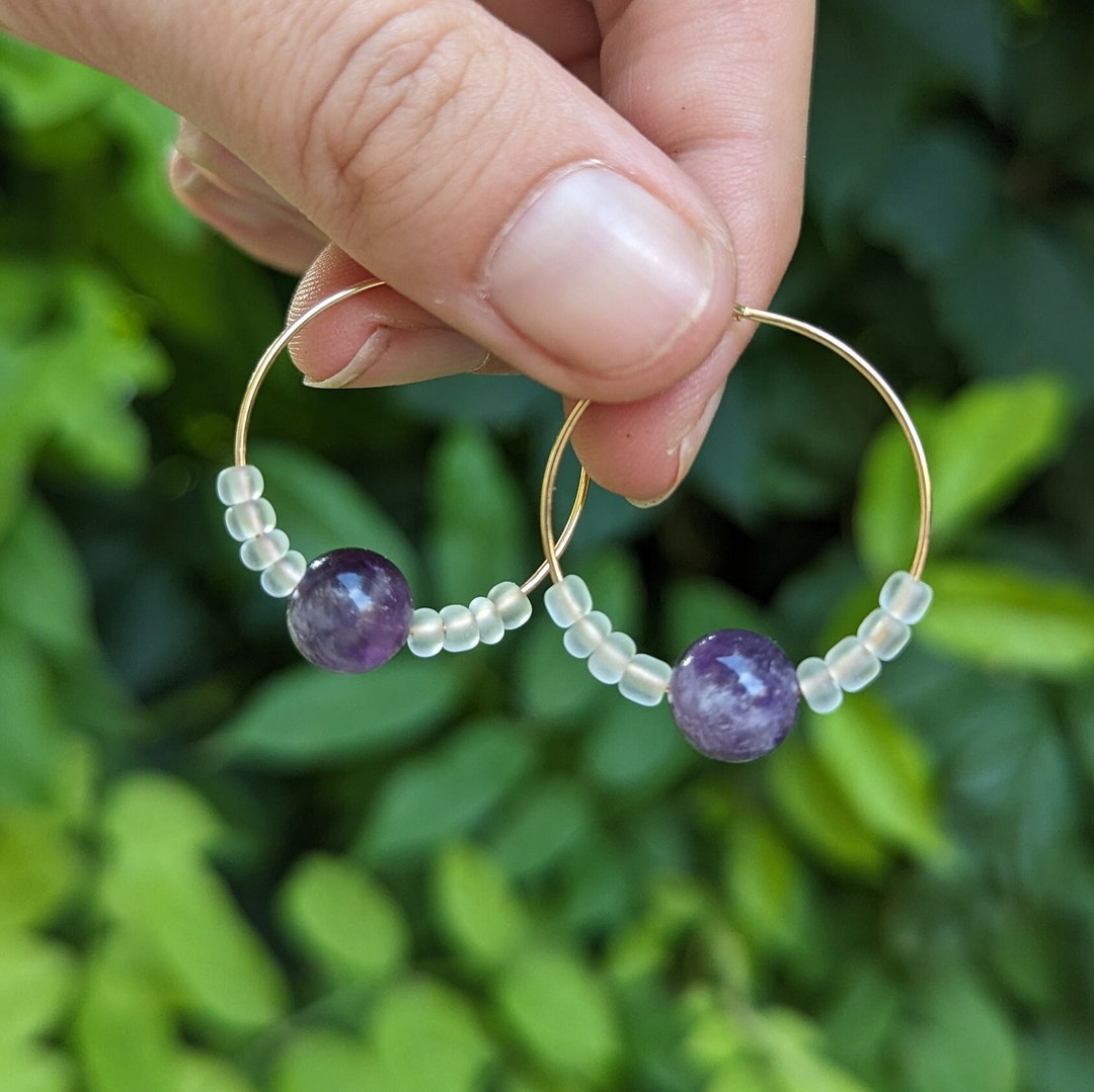 Stainless Steel Hoop Earrings With Real Natural Amethyst Etsy
