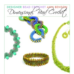 May include: A set of beaded jewelry featuring a necklace, bracelet, earrings, and a multi-colored beaded chain. The jewelry is made with green, blue, gold, and brown beads. The text "Designer Bead Crochet Ann Benson Dimensional Bead Crochet" is at the top of the image.