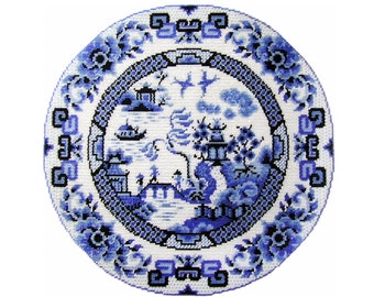 Blue Willow Plate Digital PDF charted pattern for bead point/needlepoint/cross stitch
