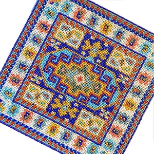 May include: A colourful beaded rug with a geometric pattern in shades of blue, orange, yellow, and white.