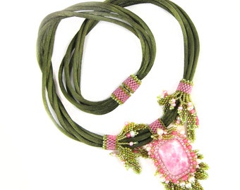 Pink Marble Digital PDF necklace pattern by Ann Benson with free video tutorial links, peyote stitch