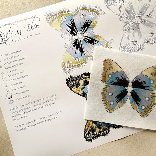 Butterfly Blue Printed Bead Embroidery Stitching Base with materials list and symbol guide