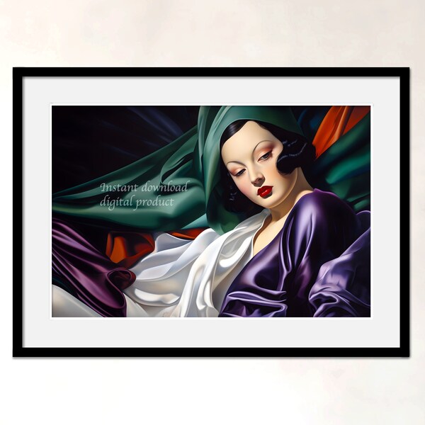 Drapés voluptueux - Tableau imprimable - Portrait glamour - Esthétique art déco - Inspiré par Tamara de Lempicka