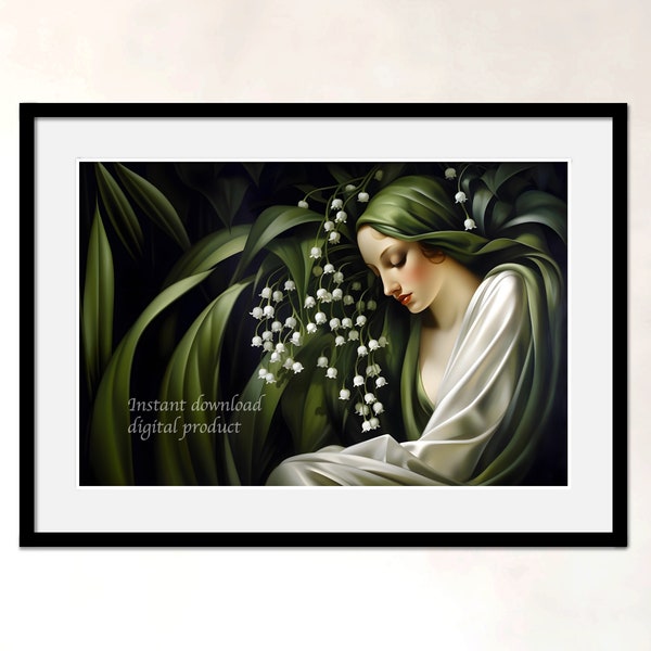 Lily of the valley rain - Art printable painting - Poetic portrait - Art deco Aesthetic - Inspired by Tamara de Lempicka