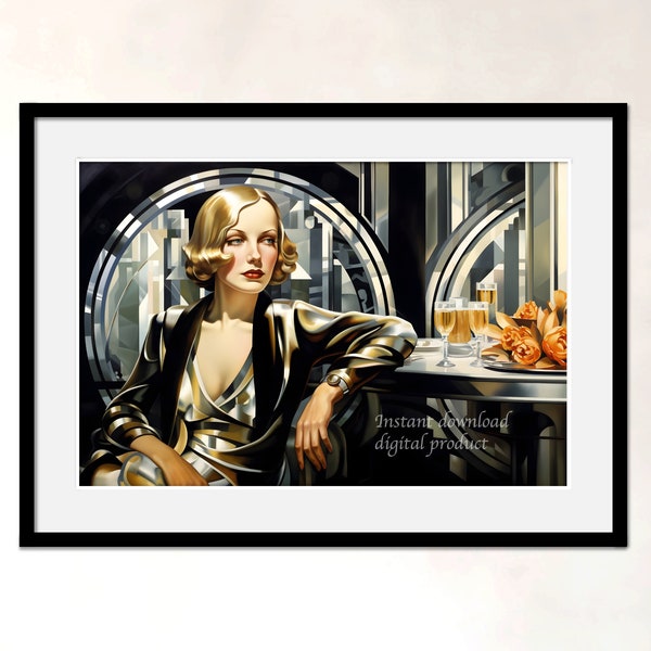 Début de soirée au bar Ritz - Peinture imprimable d'art - Portrait glamour - Esthétique Art déco - Inspiré par Tamara de Lempicka